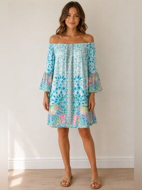 Lilly Pulitzer Dress Nevie Off-the-Shoulder Caribbean Citrus Preppy Resort Small